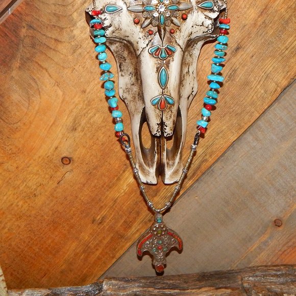 BoHo Turquoise Coral Mixed Metals Pendant Necklace - Picture 2 of 8